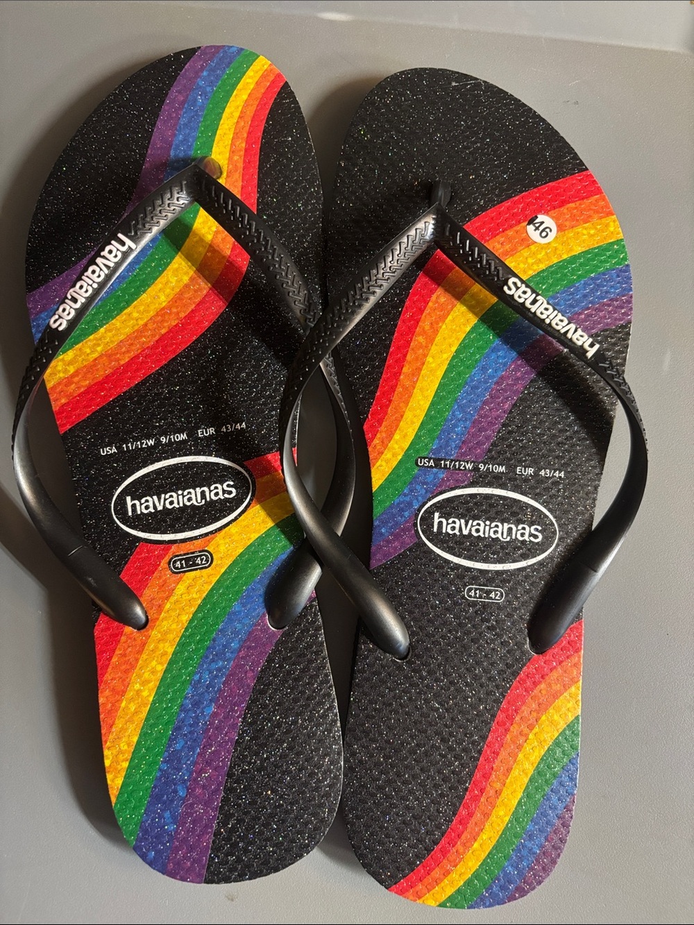 Havaianas Black Flip Flops with Rainbow Stripes